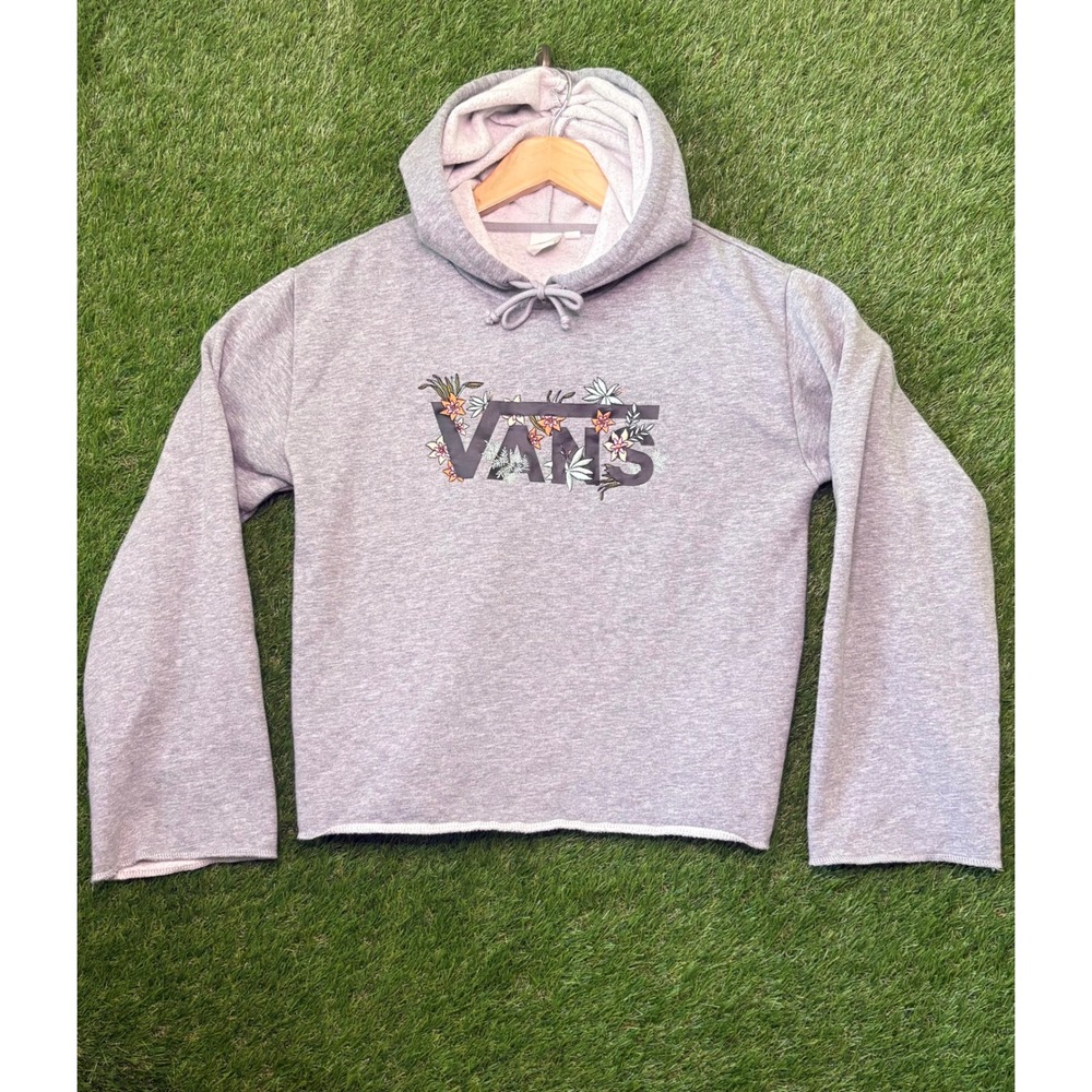 Vans Womens XS Heather Gray Floral Embroidered Logo Cropped Hoodie Sweatshirt